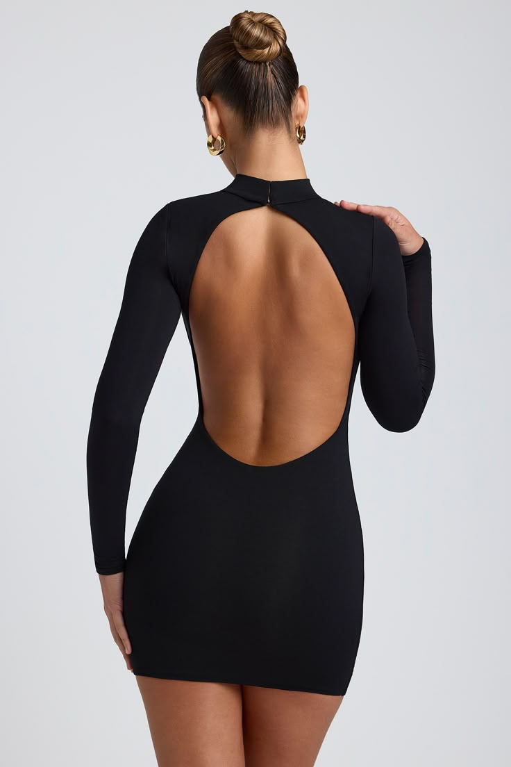 Yara Open Back Long Sleeve Mini Dress In Black