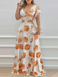 Floral Print V Neck Ruffle Sleeve Maxi Dress Fuchsia Pink