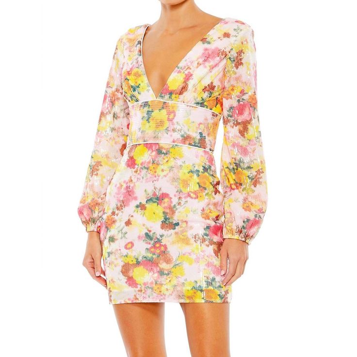 Mac Duggal Dress New Mac Duggal Sequin Floral V Neck Long Sleeve Mini