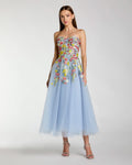 Blue Strapless Floral Embroidered A Line Midi Dress Mac Duggal