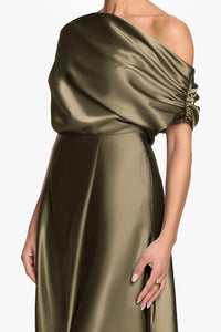 "Soley" Satin Off The Shoulder Ruched Gown Moss