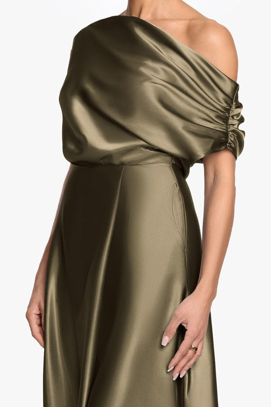 "Soley" Satin Off The Shoulder Ruched Gown Moss