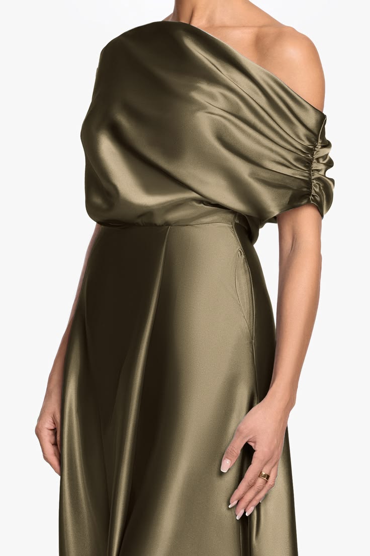 "Soley" Satin Off The Shoulder Ruched Gown Moss