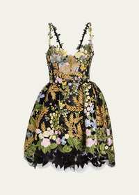 Oscar De La Renta Mixed Botanical Embroidered Tulle High Low Bustier