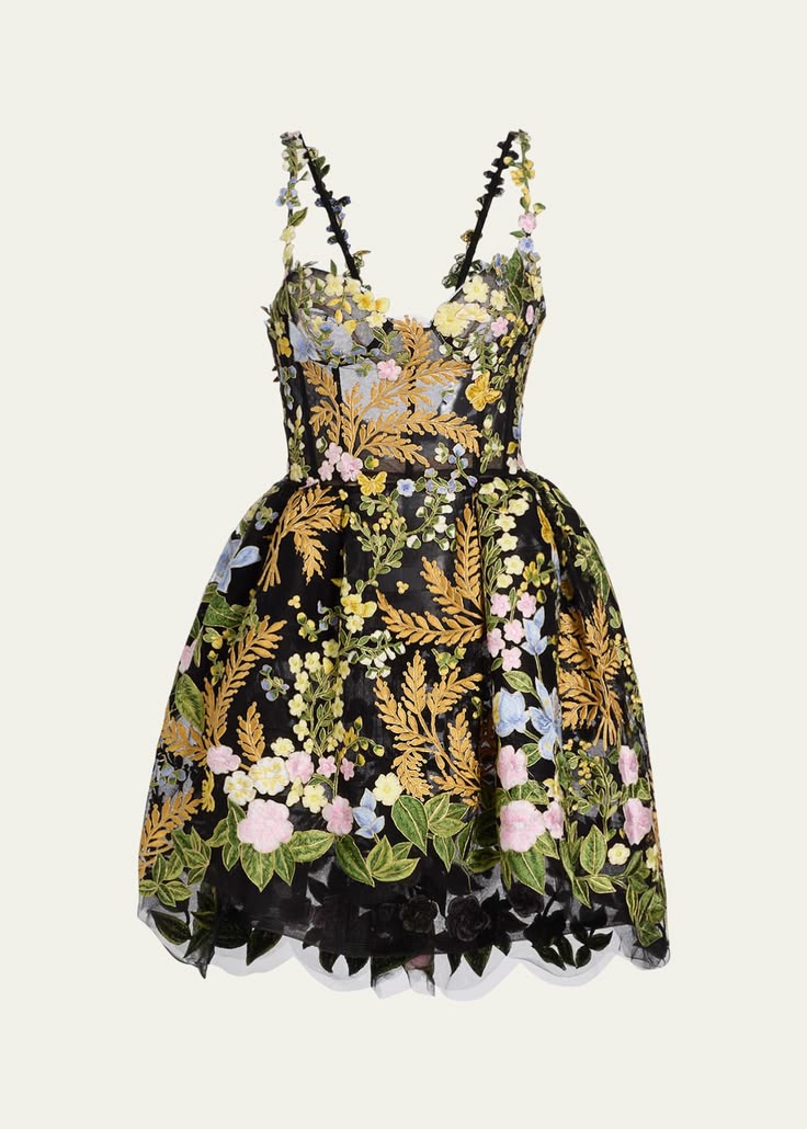 Oscar De La Renta Mixed Botanical Embroidered Tulle High Low Bustier