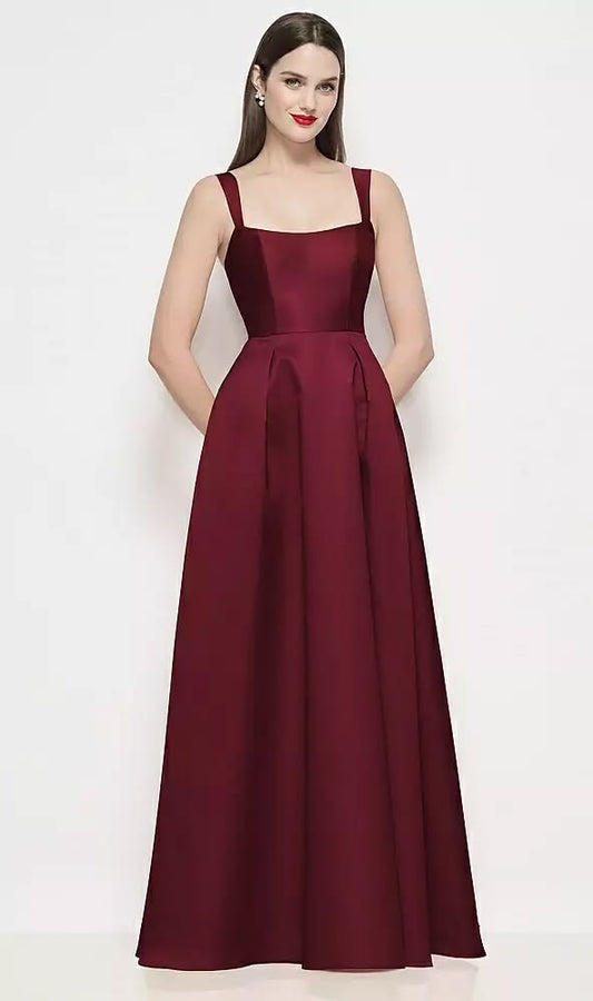 Shaped Strap Basque Neck Satin Maxi Dress With Pleated Skirt