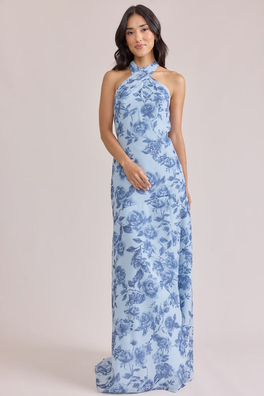 Athena Chiffon Floral Print Dress Made To Order Sky Blue Garden