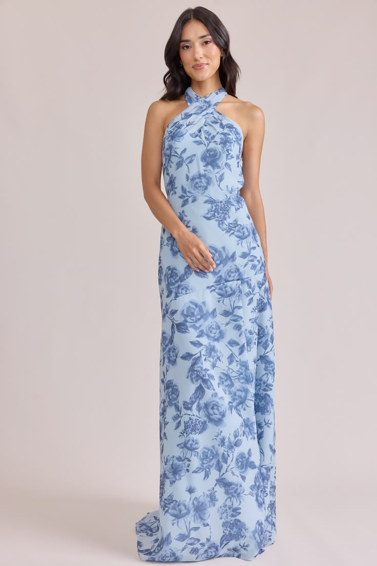 Athena Chiffon Floral Print Dress Made To Order Sky Blue Garden