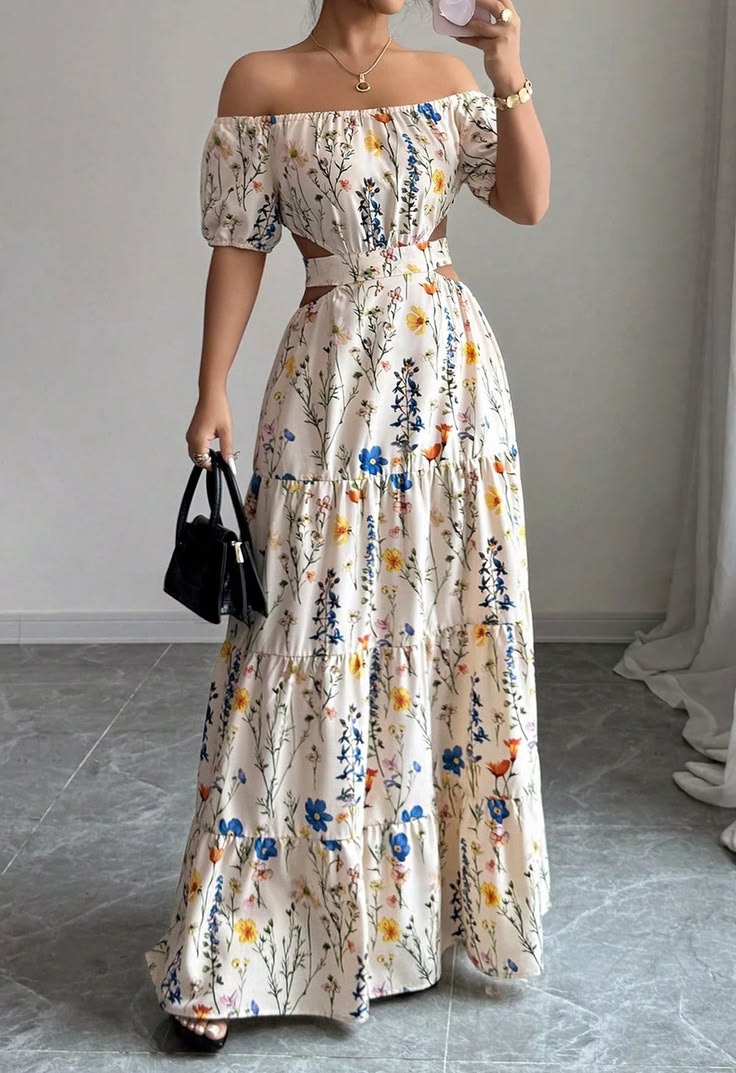 Wildflower Off Shoulder Cut Out Waist Maxi Dress For Garden Parties &