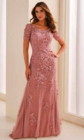 Cameron Blake Embroidered Illusion Short Sleeve Formal Dress