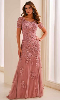 Cameron Blake Embroidered Illusion Short Sleeve Formal Dress