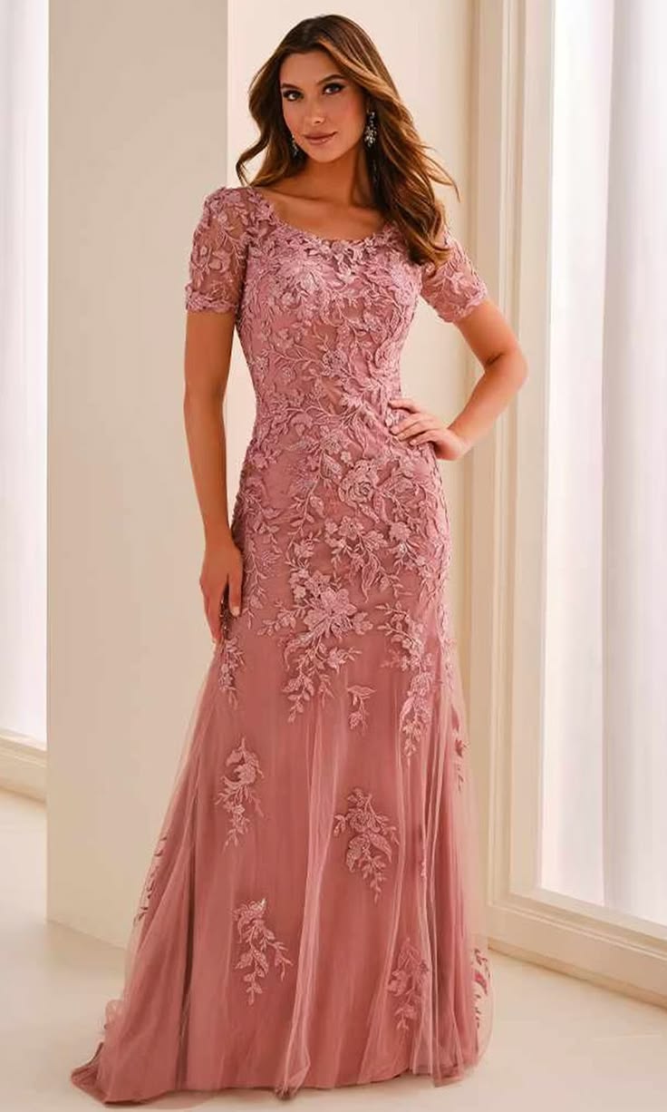 Cameron Blake Embroidered Illusion Short Sleeve Formal Dress
