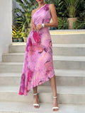 Pink Casual Women's Romantic Elegant Asymmetric Print One Shoulder