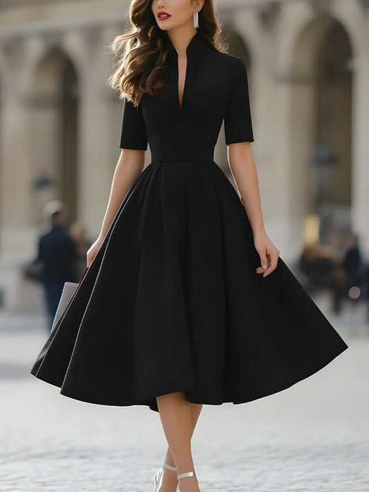 Elegant V Neck Tailored A Line Midi Dress Black 2