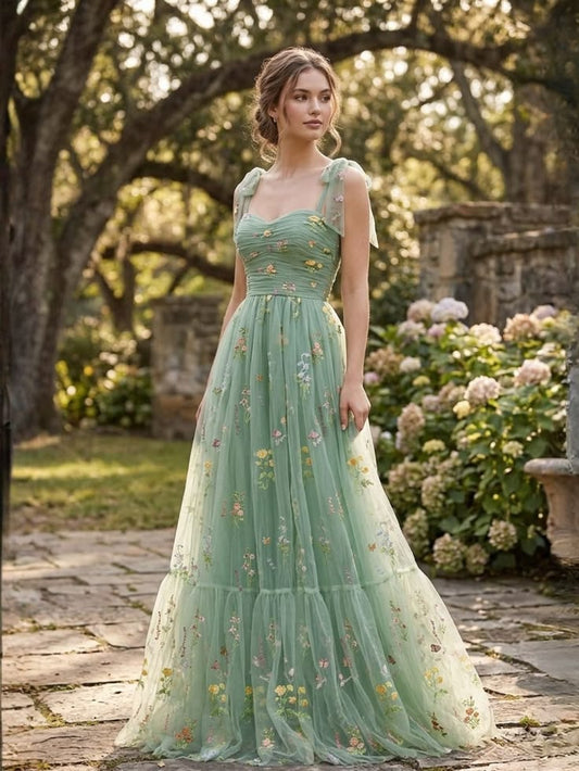 Green 1930s Shoulder Tie Embroidered Floral Mesh Dress Gray Green
