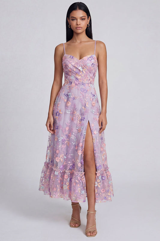 Flieder Blüten Applikiertes Spaghettiträger A-Linie Midi Kleid mit Schlitz