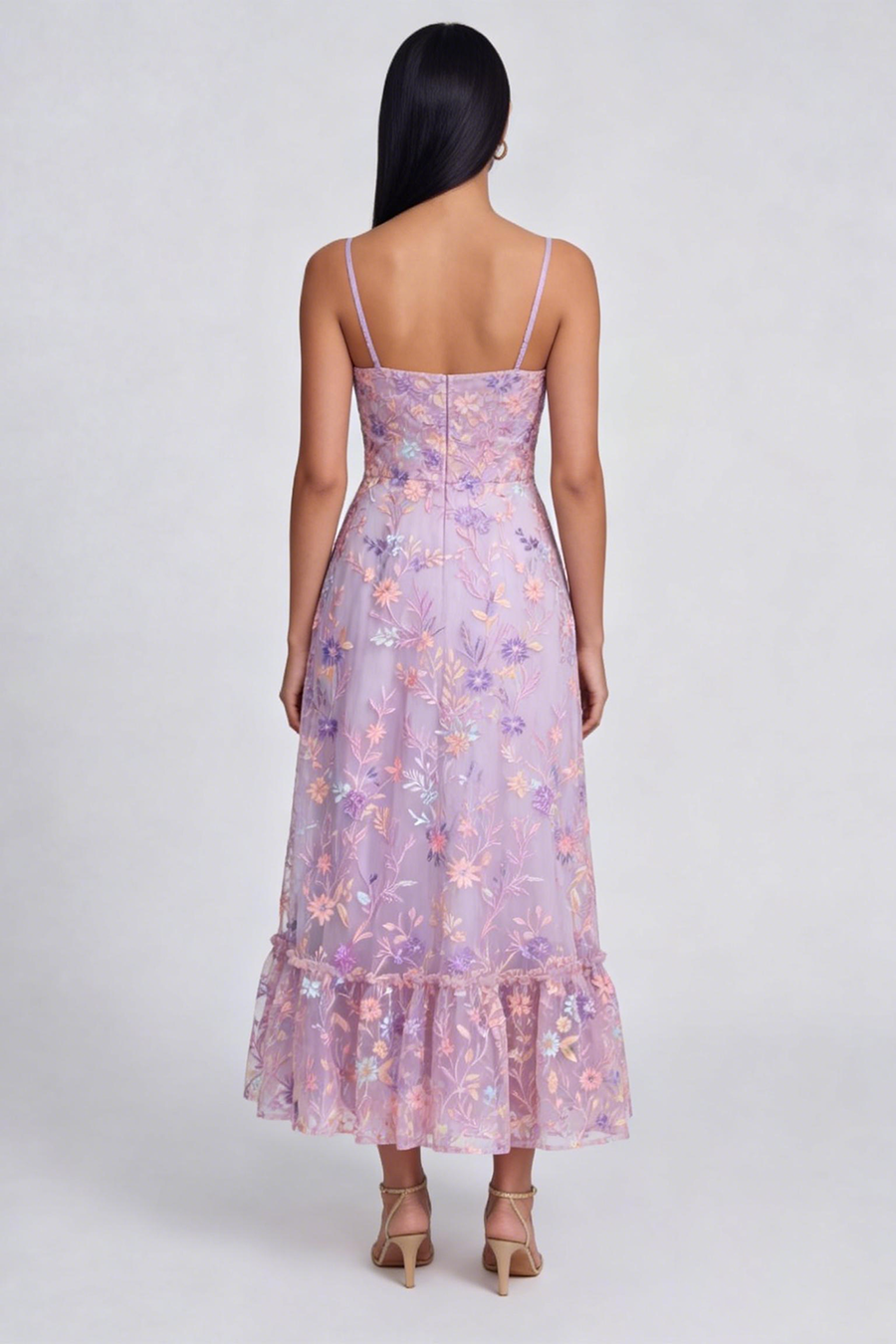 Flieder Blüten Applikiertes Spaghettiträger A-Linie Midi Kleid mit Schlitz