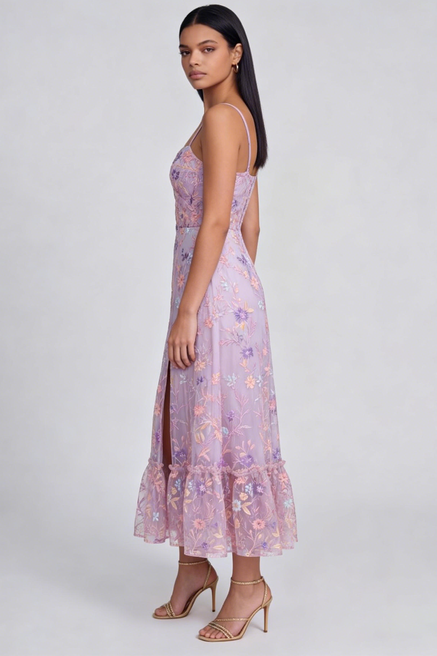 Flieder Blüten Applikiertes Spaghettiträger A-Linie Midi Kleid mit Schlitz