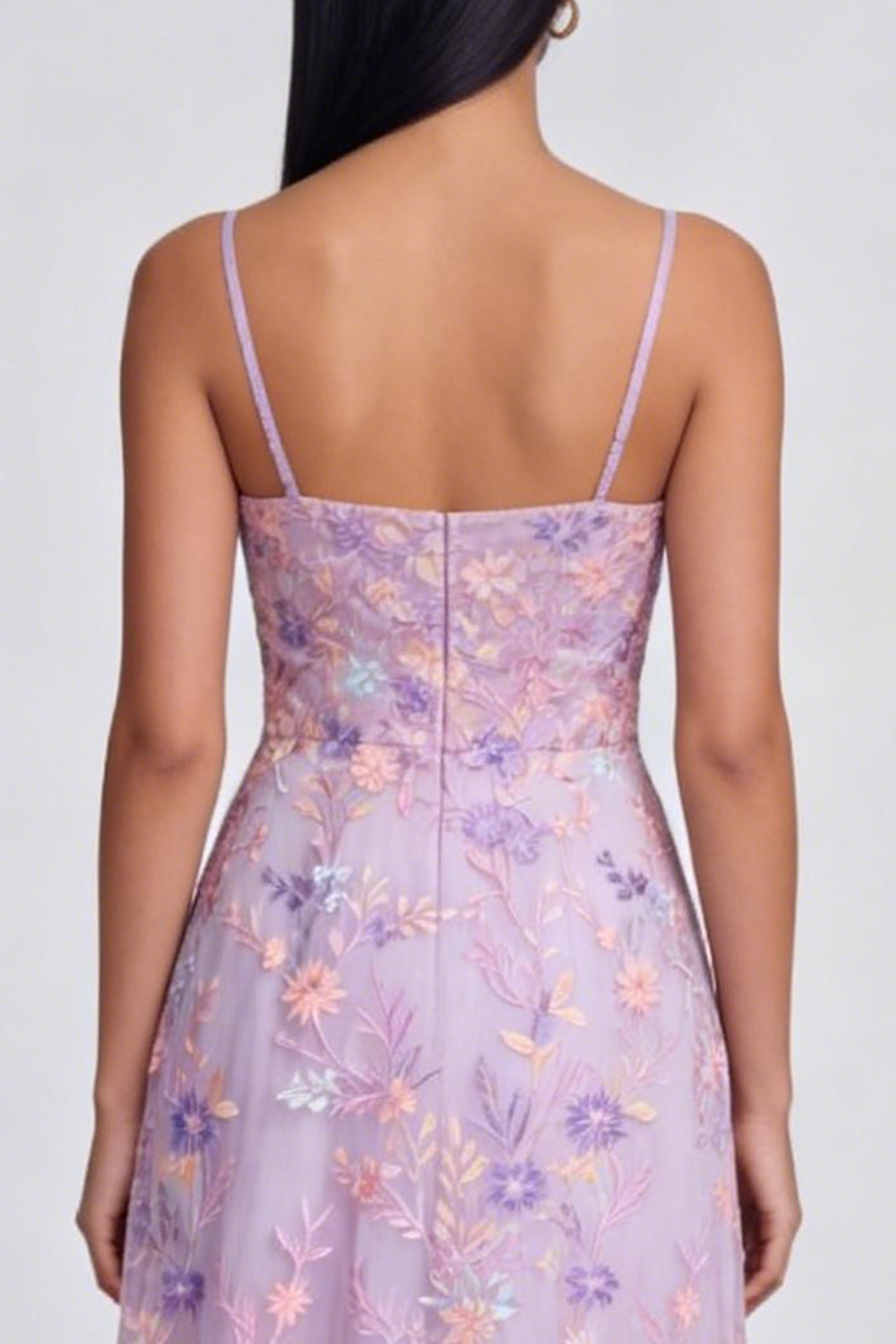 Flieder Blüten Applikiertes Spaghettiträger A-Linie Midi Kleid mit Schlitz