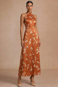 Orange A Line Halter Neck Floral Maxi Formal Dress