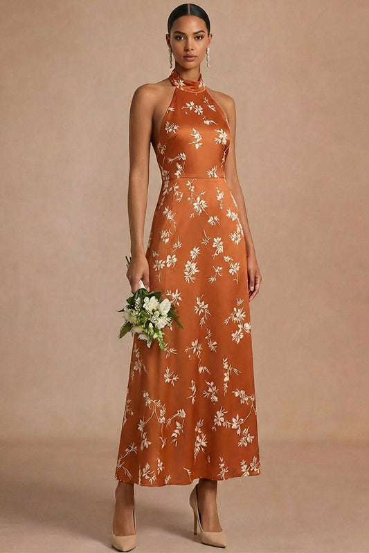 Orange A Line Halter Neck Floral Maxi Formal Dress