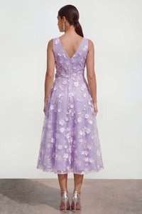 Lila A-Linie V-Ausschnitt Midi Blumenkleid mit Schleife