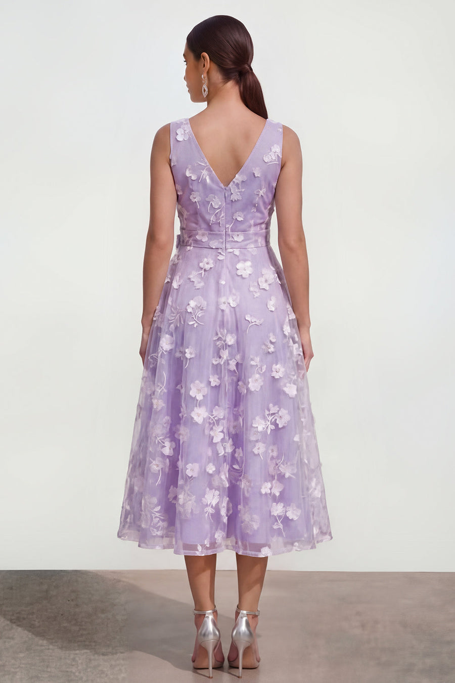 Lila A-Linie V-Ausschnitt Midi Blumenkleid mit Schleife