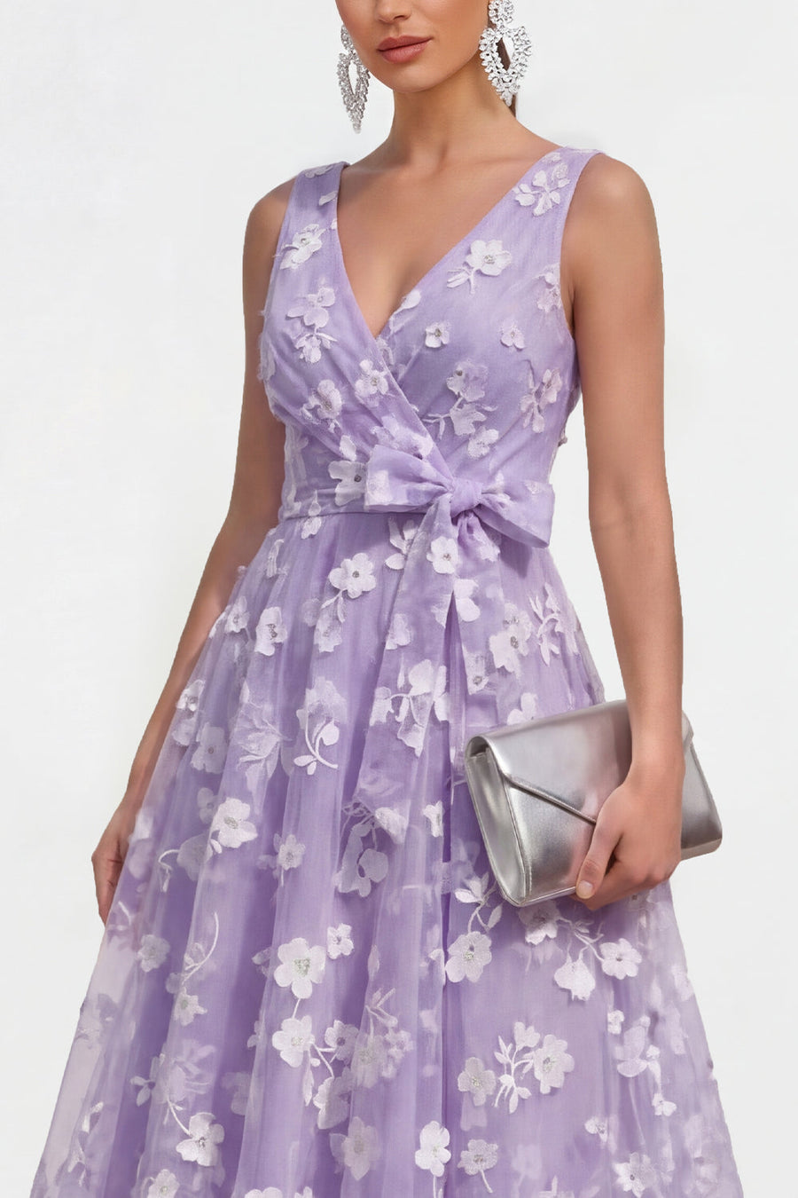 Lila A-Linie V-Ausschnitt Midi Blumenkleid mit Schleife