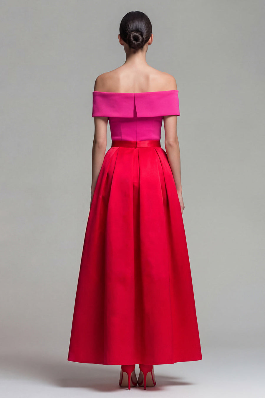 Off the Shoulder Fuchsia and Red A Line Color Block Midi Formal Dress