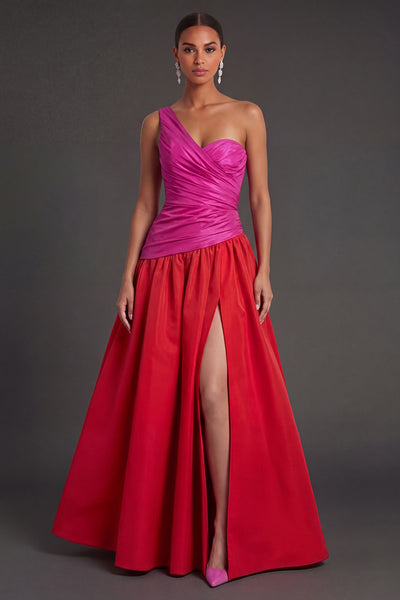 A Line Fuchsia and Red One Shoulder Ruched Long Formal Dress with Slit