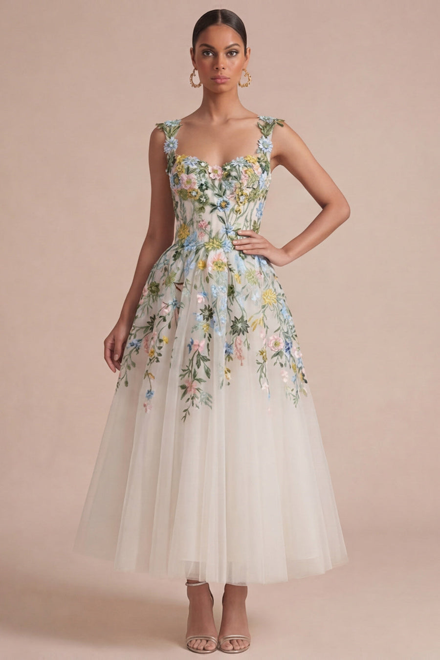 White Floral A Line Corset Square Neck Midi Dress