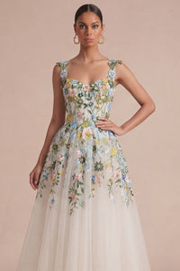 White Floral A Line Corset Square Neck Midi Dress