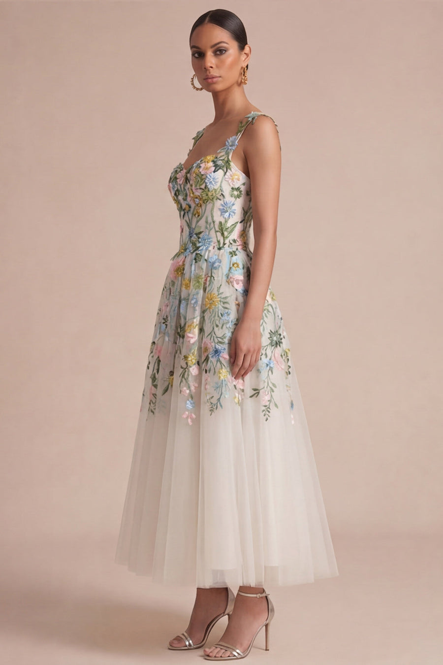 White Floral A Line Corset Square Neck Midi Dress