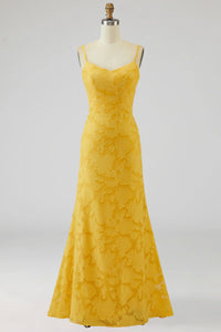 Yellow Spaghetti Straps Sheath Sleeveless Long Wedding Guest Dress