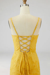 Yellow Spaghetti Straps Sheath Sleeveless Long Wedding Guest Dress