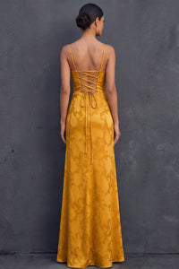Yellow Spaghetti Straps Sheath Sleeveless Long Wedding Guest Dress