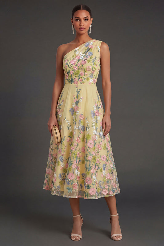 Yellow A Line Floral Midi Wedding Guest Dress