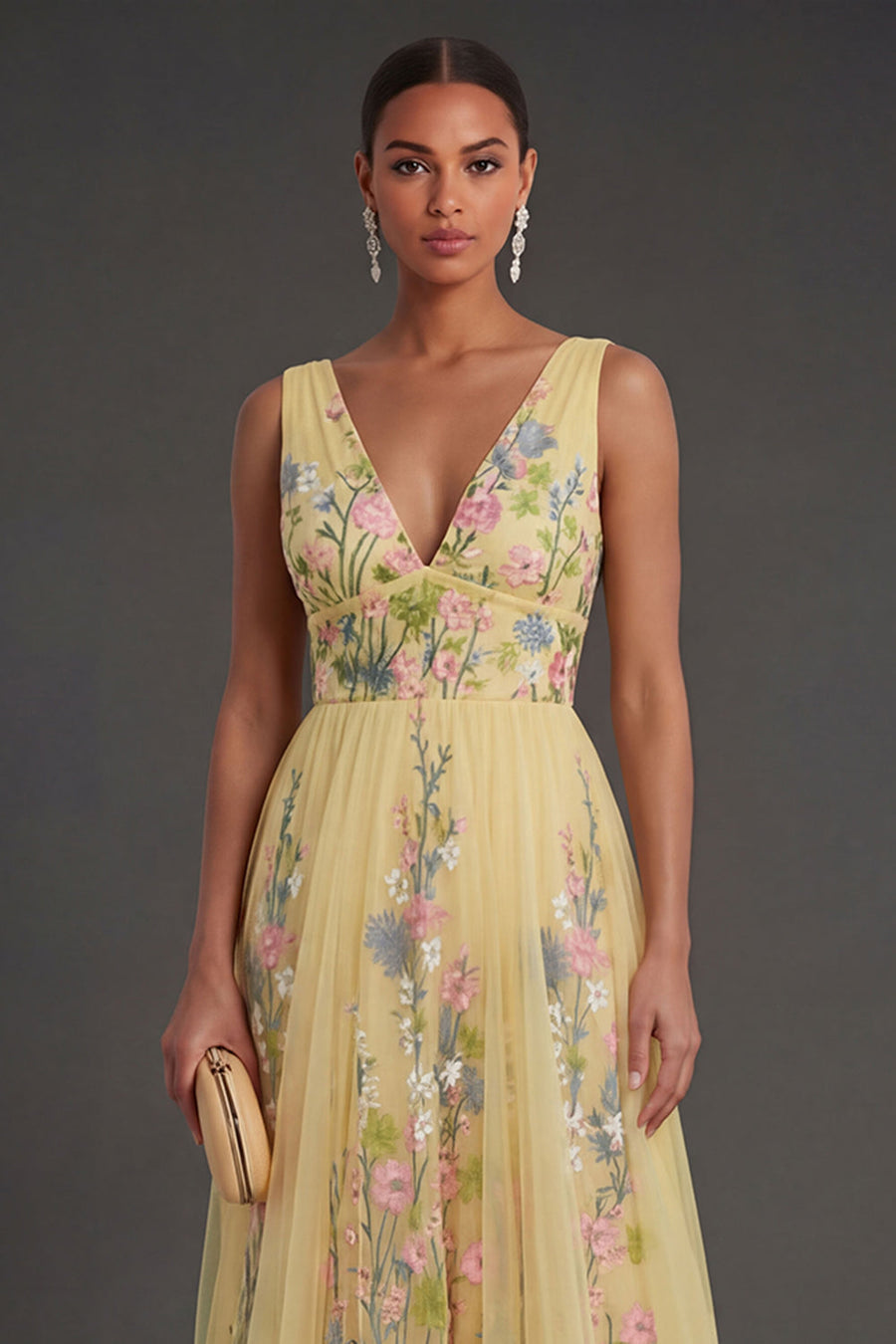 A Line Floral Yellow Backless Long Wedding Guest Dress