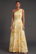 Ruched Yellow Floral A Line Long Wedding Guest Dress