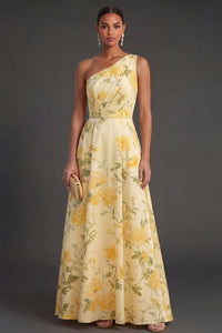 Ruched Yellow Floral A Line Long Wedding Guest Dress