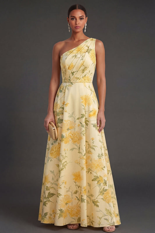 Ruched Yellow Floral A Line Long Wedding Guest Dress