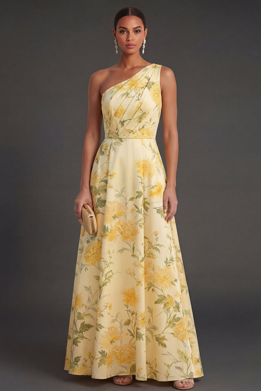 Ruched Yellow Floral A Line Long Wedding Guest Dress