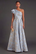 A Line Dusty Blue Floral Jacquard Long Wedding Guest Dress