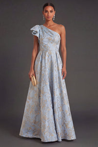 A Line Dusty Blue Floral Jacquard Long Wedding Guest Dress