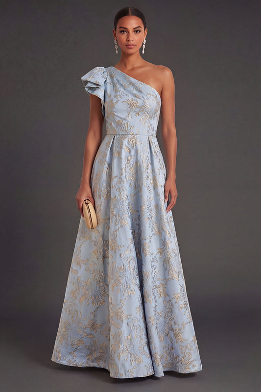 A Line Dusty Blue Floral Jacquard Long Wedding Guest Dress