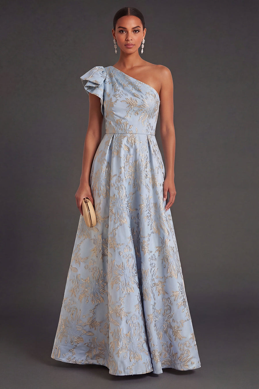 A Line Dusty Blue Floral Jacquard Long Wedding Guest Dress