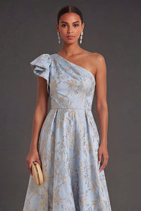 A Line Dusty Blue Floral Jacquard Long Wedding Guest Dress