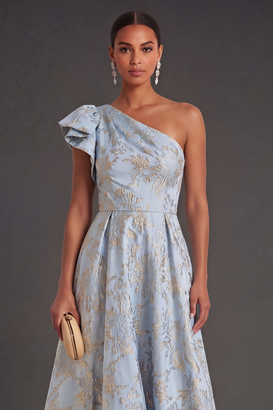A Line Dusty Blue Floral Jacquard Long Wedding Guest Dress