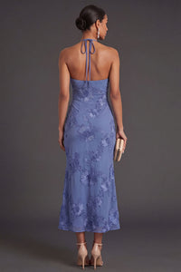 Appliqued Blue Floral Mermaid Midi Wedding Guest Dress