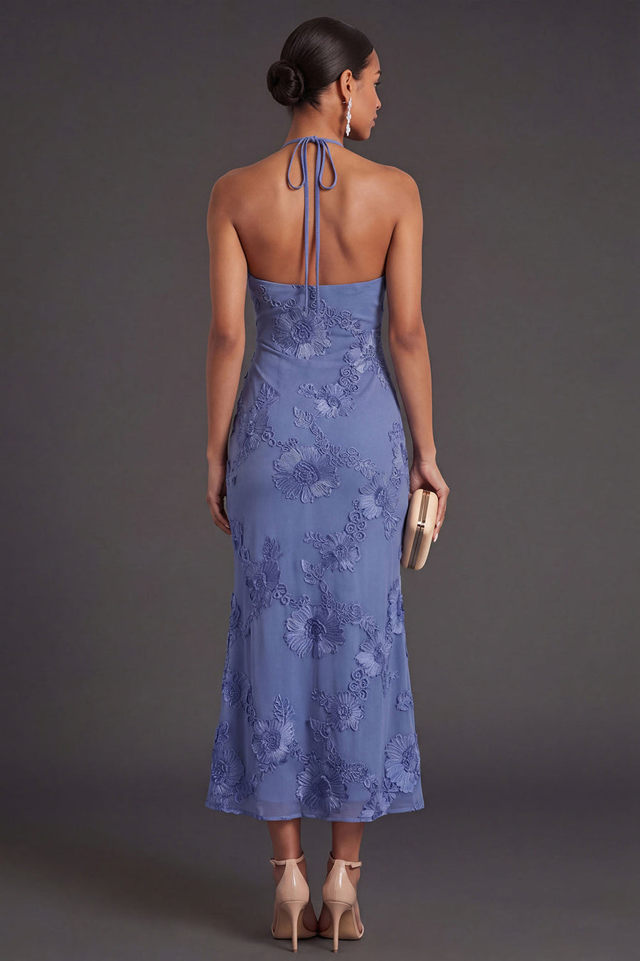 Appliqued Blue Floral Mermaid Midi Wedding Guest Dress